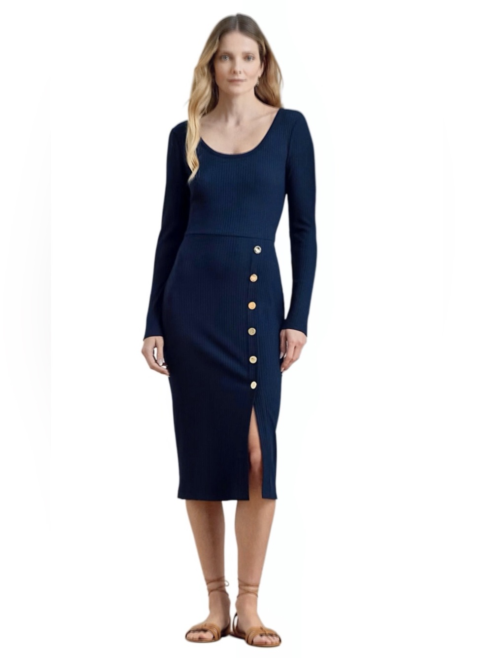 Lauren Ralph Lauren Button-Trim Rib-Knit Dress — Navy — Petite S — NWT